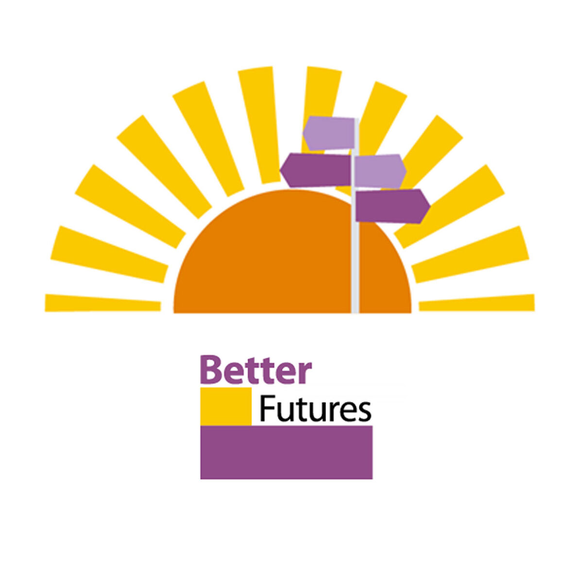 The Better Futures logo: an orange and yellow sun sits behind a post with signs pointing in different directions. Below this, purple text reads 'better futures'.